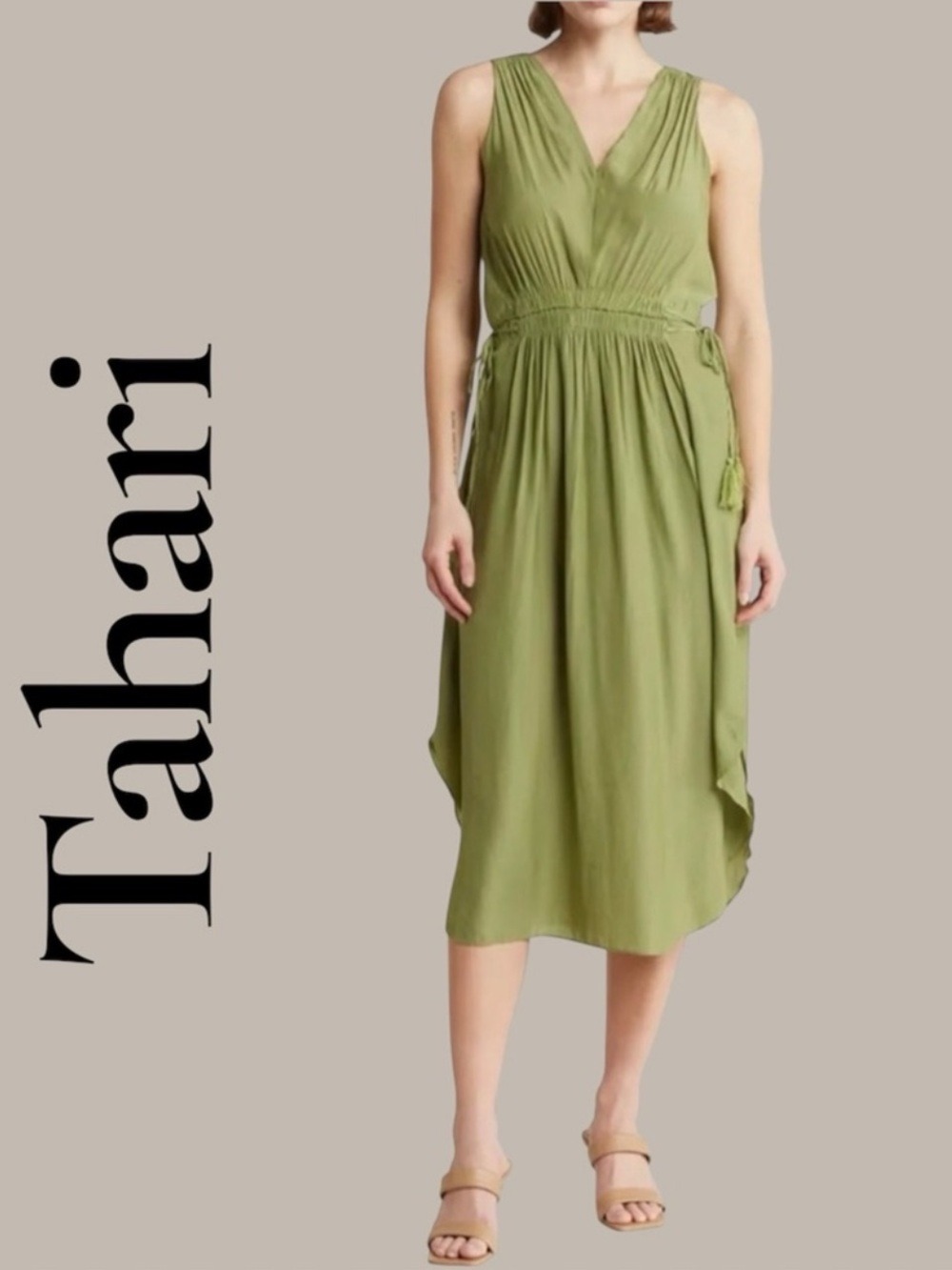 Tahari Small Petite Olive Green
Smocked Waist Sleeveless Midi Dress. New w/tags!